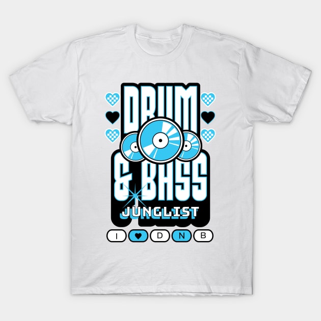 DRUM AND BASS  - 3 Records & Hearts (Black/Blue) T-Shirt by DISCOTHREADZ 